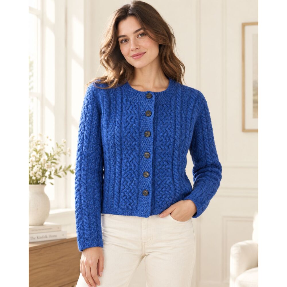 Inis Crafts Ireland 100% Merino Wool Cable Knit Cardigan Sweater Blue Small